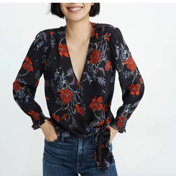 Madewell Tops - Madewell 100% Silk Floral Smocked-Sleeve Wrap Top L